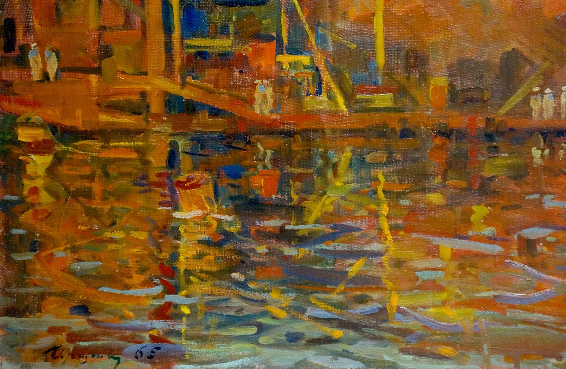 Vibrant impressionist oil painting of ship in port by Atayan Armen Arshakovich