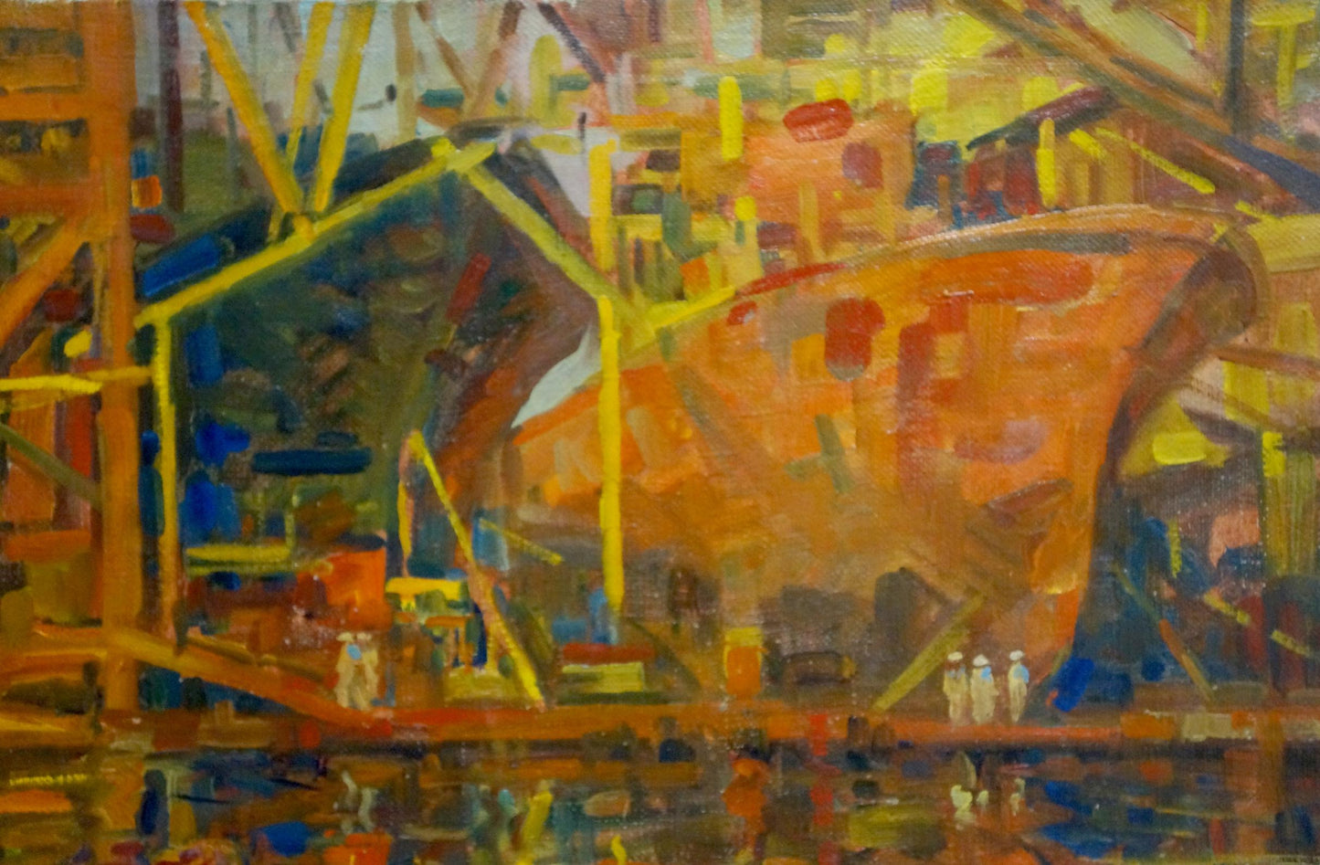 Vibrant abstract oil painting of ship under construction in port by Atayan Armen Arshakovich
