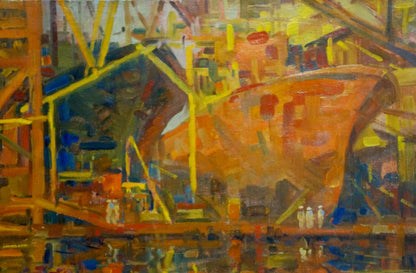 Vibrant abstract oil painting of ship under construction in port by Atayan Armen Arshakovich