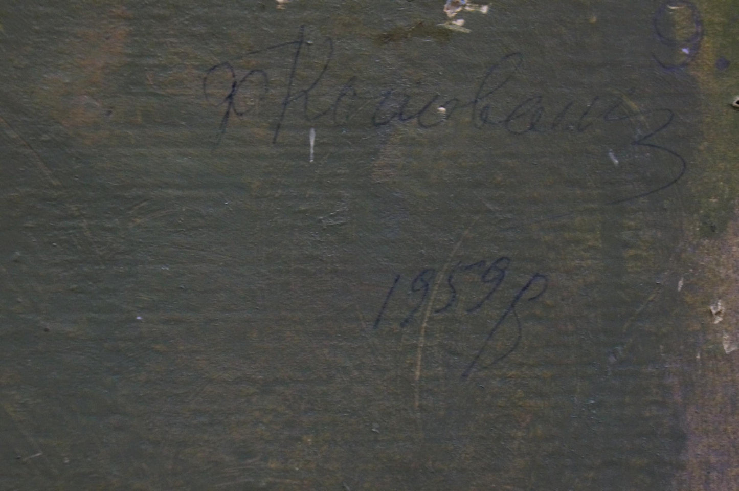 Back of oil painting portrait of old man by Konovalyuk Fedor Zotikovich, dark green canvas with signature and date