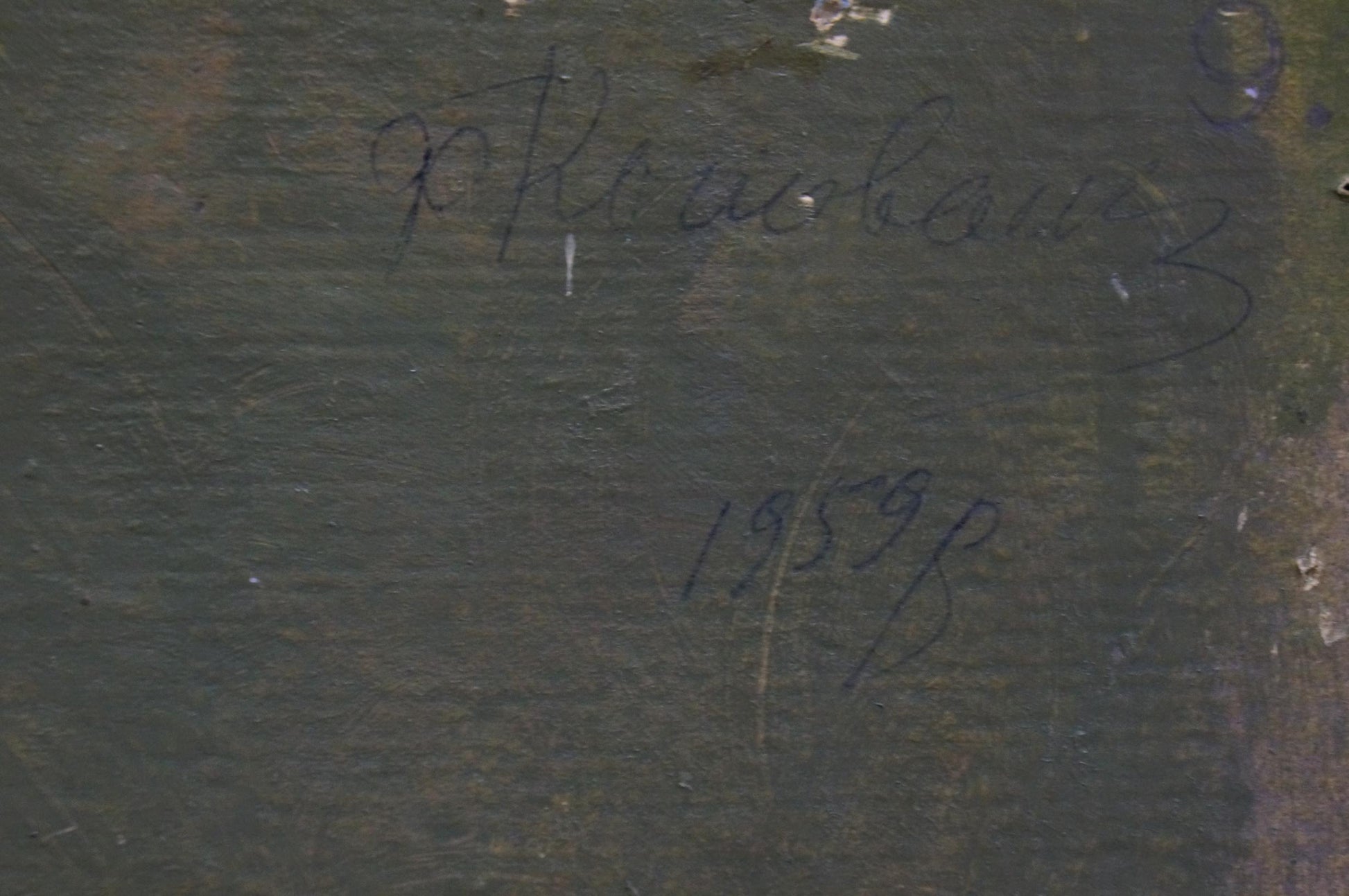 Back of oil painting portrait of old man by Konovalyuk Fedor Zotikovich, dark green canvas with signature and date