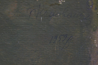 Back of oil painting portrait of old man by Konovalyuk Fedor Zotikovich, dark green canvas with signature and date
