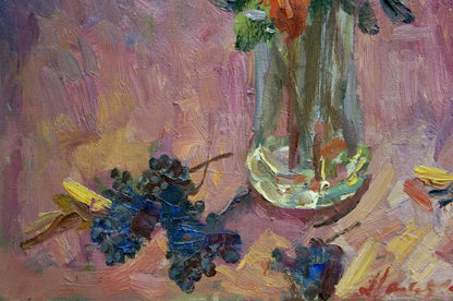 Oil painting of red roses by Malyarenko Igor Alekseevich with glass vase