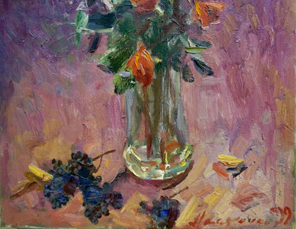 Oil painting of red roses by Malyarenko Igor Alekseevich in glass vase