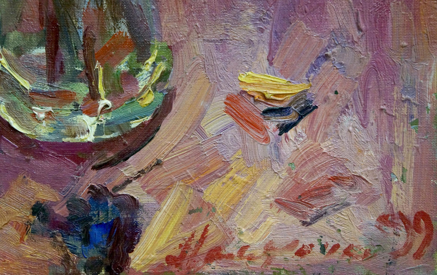 Vibrant oil painting of red roses by Malyarenko Igor Alekseevich with colorful bowl