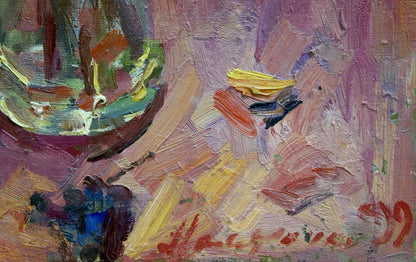 Vibrant oil painting of red roses by Malyarenko Igor Alekseevich with colorful bowl