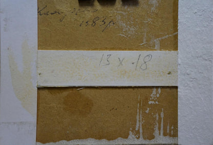 Back of Oil painting Landscapes Konovalyuk Fedor Zotikovich: beige textured paper with handwritten markings and white dimension label