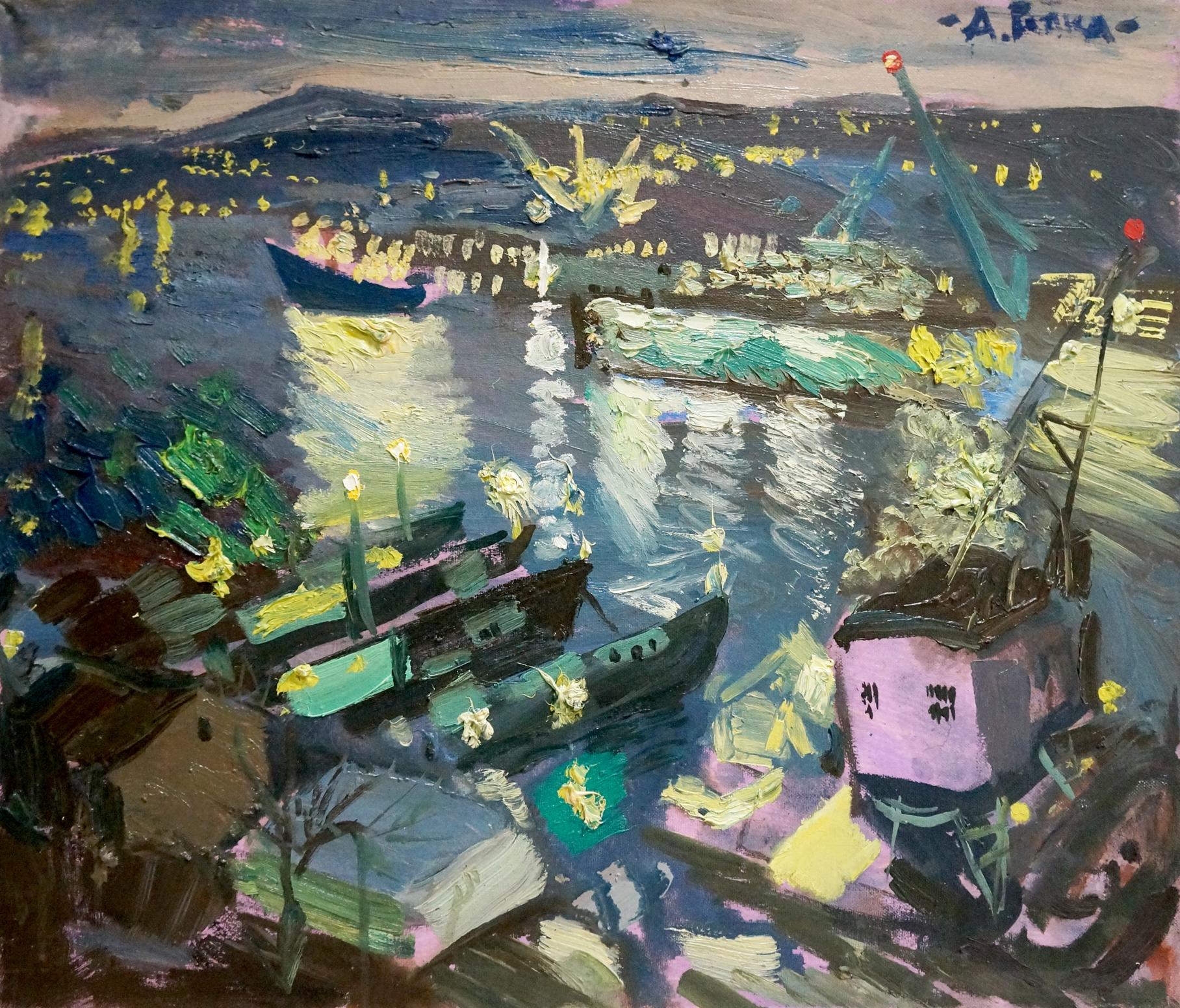 Vibrant impressionist oil painting Night port by Repka Alexander Sergeevich