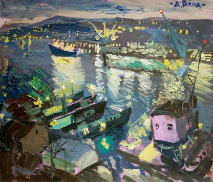 Vibrant impressionist oil painting Night port by Repka Alexander Sergeevich