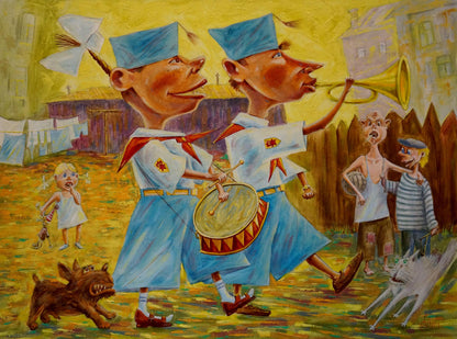 Abstract oil painting of cartoon musicians by Vadim Pustilnik