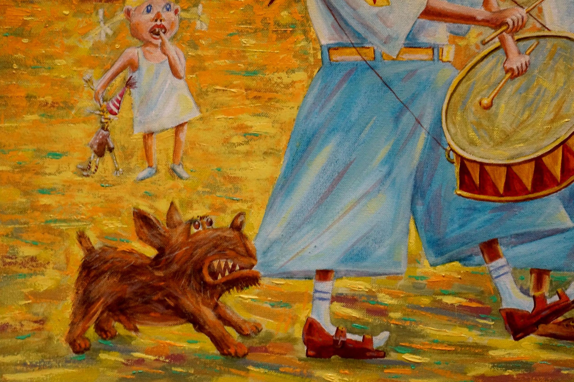 Abstract oil painting of brown furry dog running in yellow field by Vadim Pustilnik
