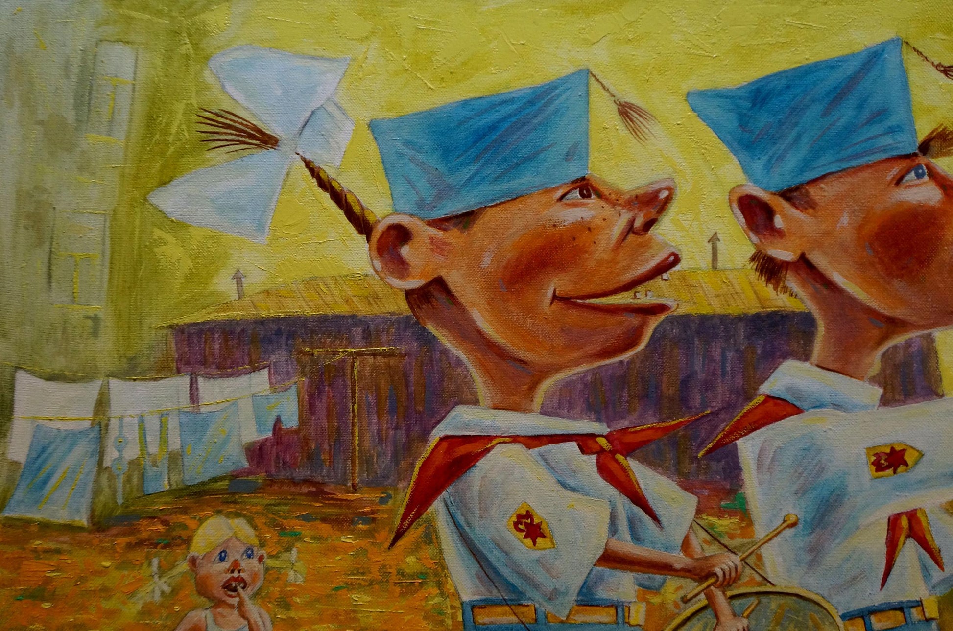 Two cartoon boys in blue caps smiling in Vadim Pustilnik Celebration painting