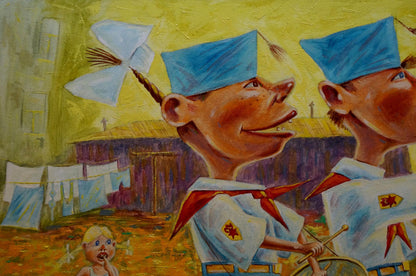 Two cartoon boys in blue caps smiling in Vadim Pustilnik Celebration painting