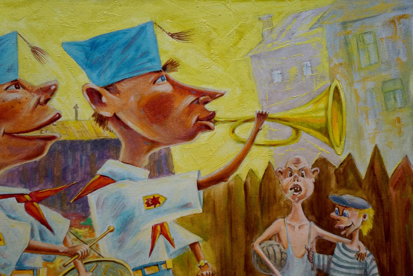 Cartoon soldier playing golden brass trumpet in Vadim Pustilnik Celebration painting