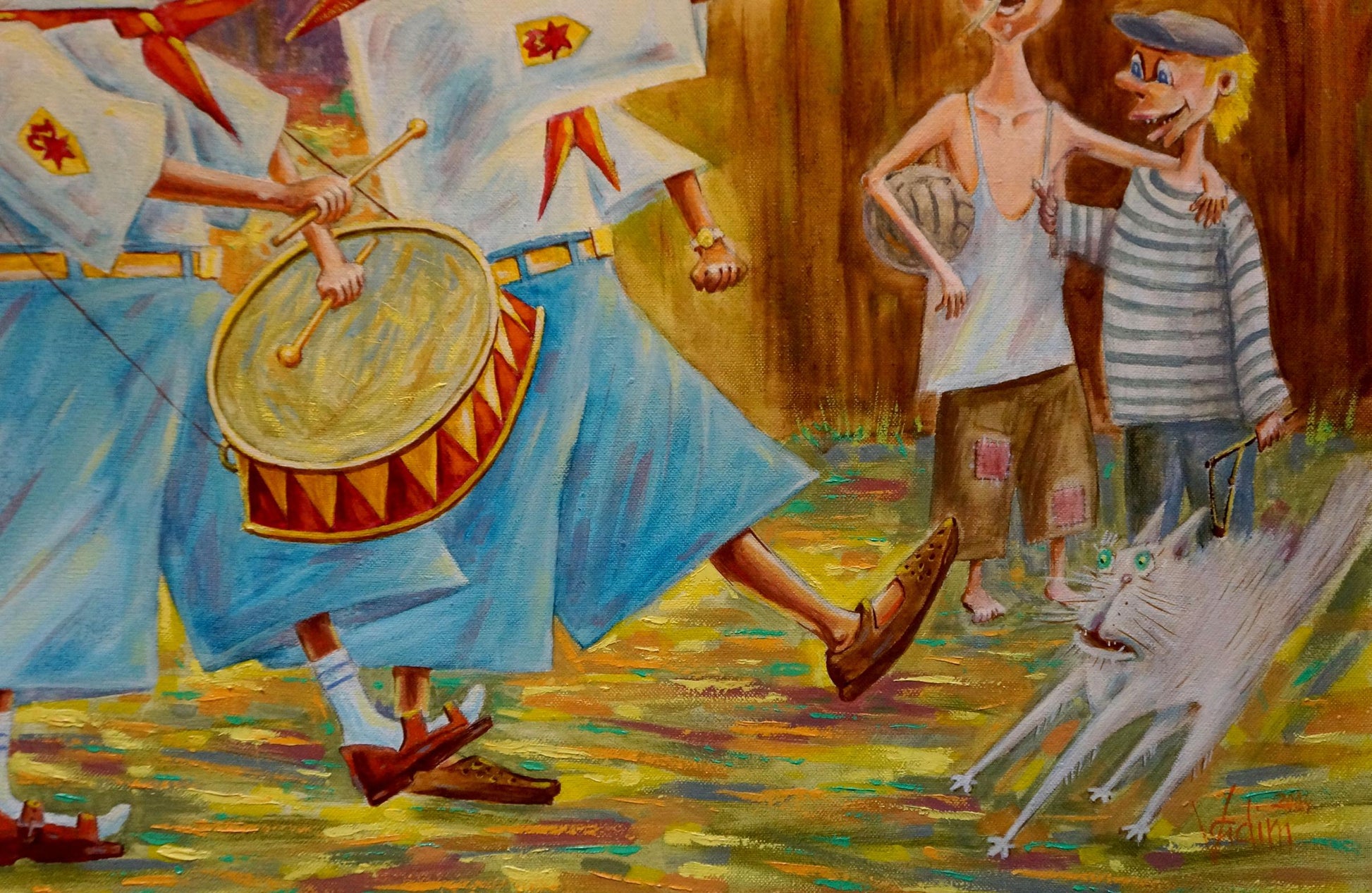 Cartoonish white cat with green eyes running in Vadim Pustilnik Celebration painting