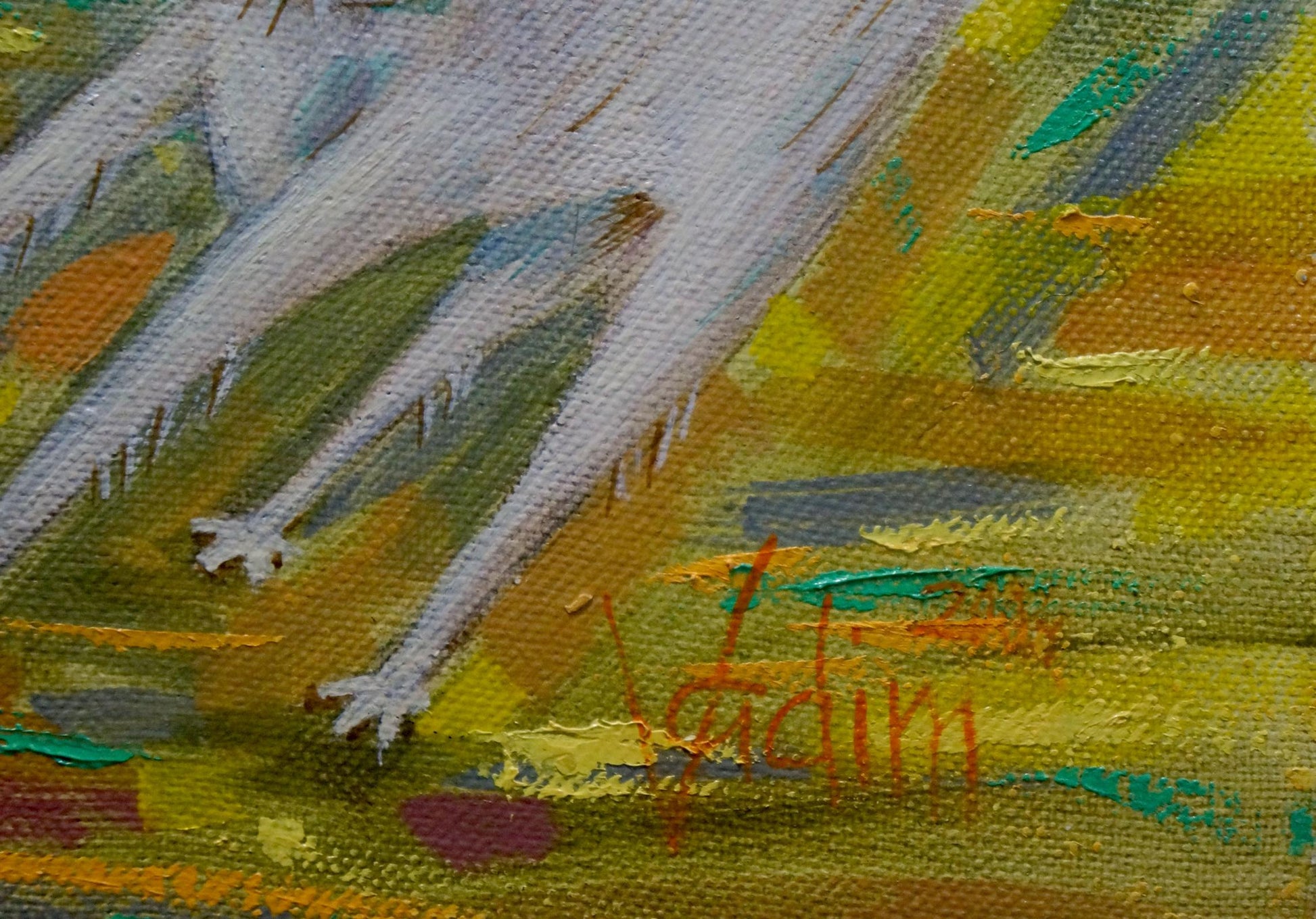 Abstract Celebration oil painting by Vadim Pustilnik, white green brushstrokes on yellow
