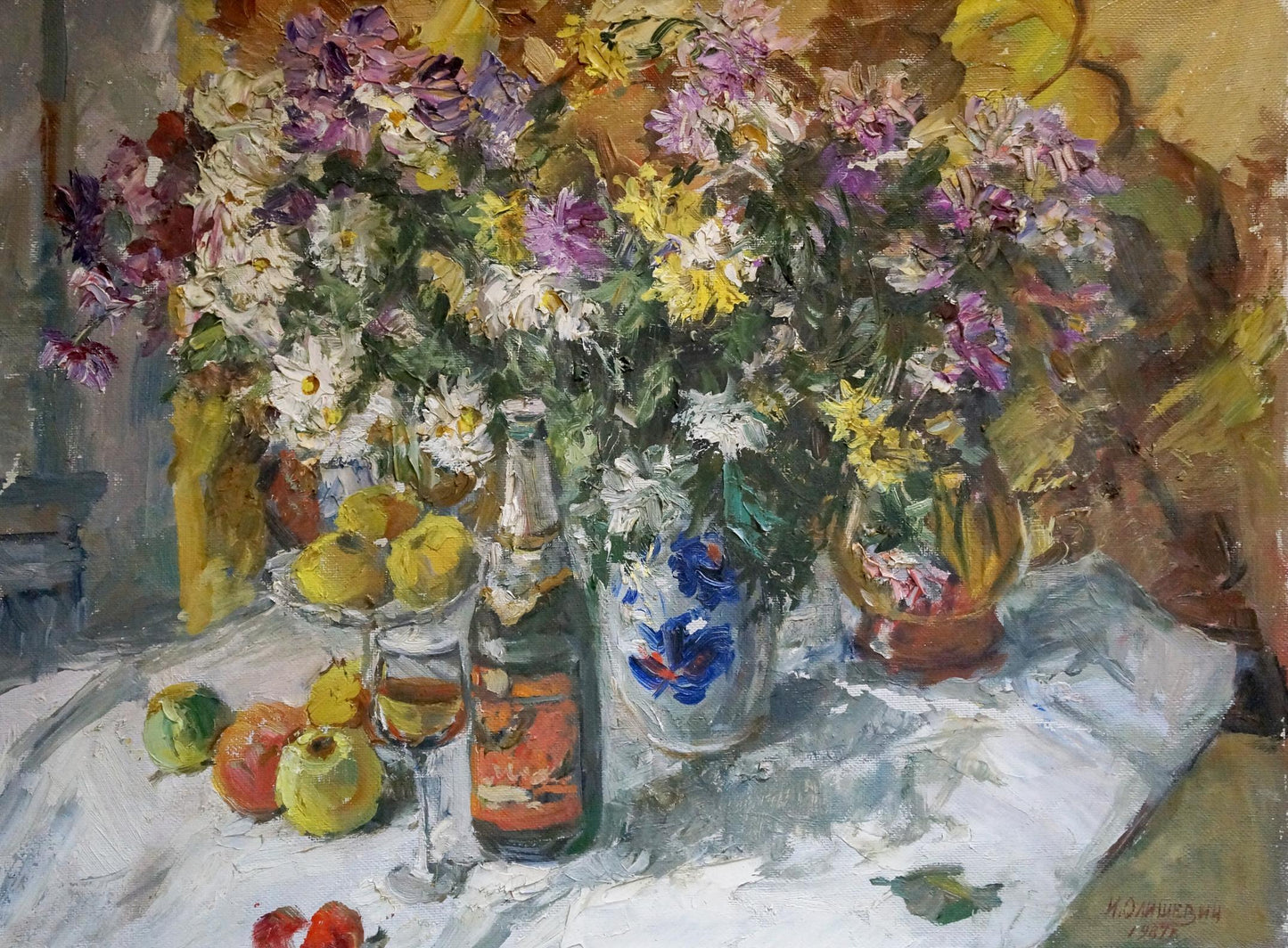 Oil painting Anniversary Still Life I by Olishevich: vibrant purple, white, yellow flowers in blue floral vase