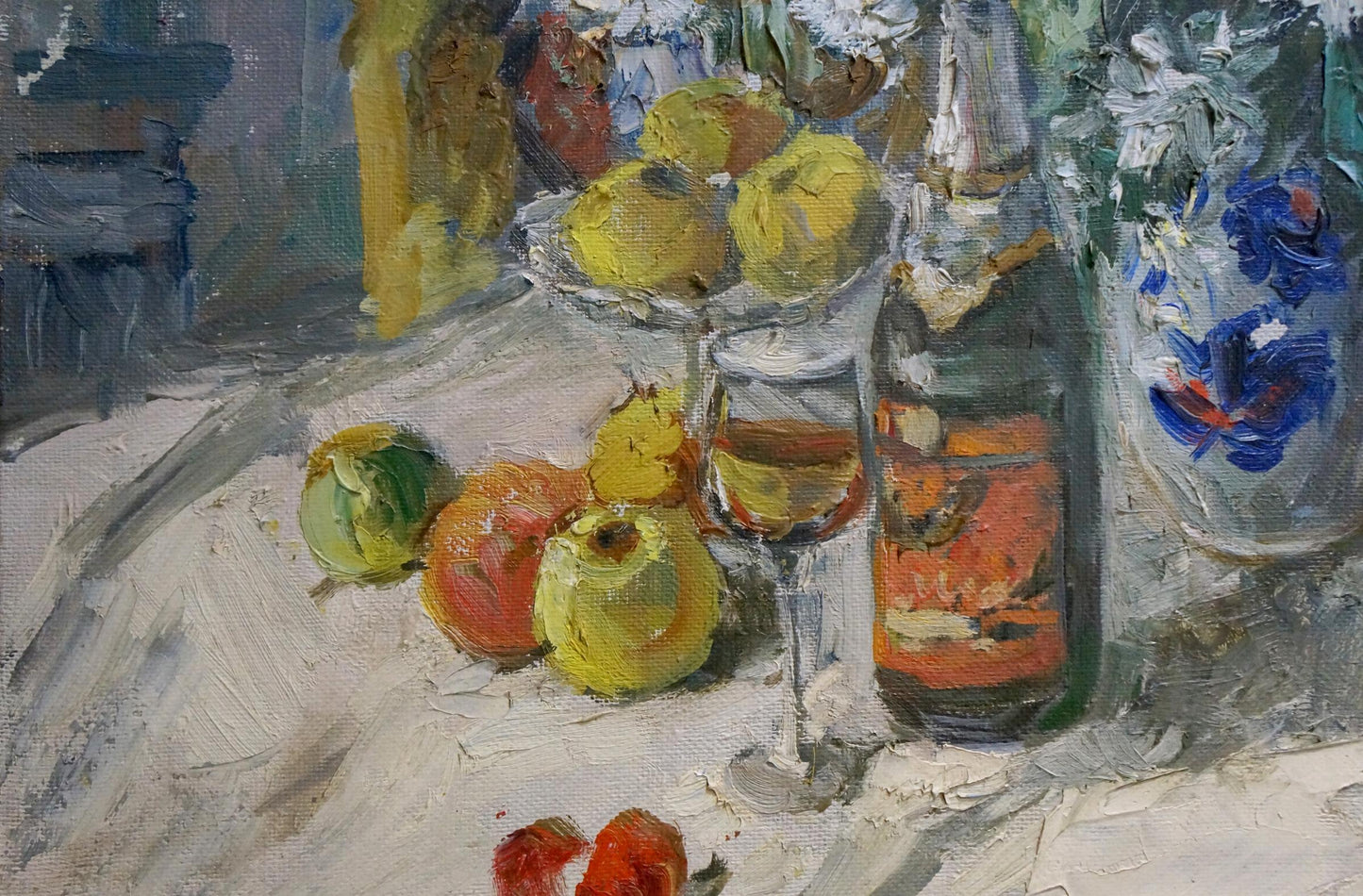 Oil painting Anniversary Still Life I by Olishevich with apples and wine