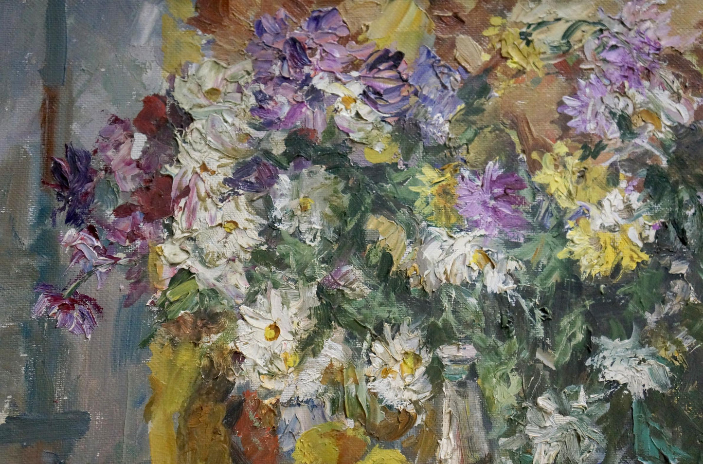 Vibrant impressionist oil painting Anniversary Still Life I by Olishevich with daisies