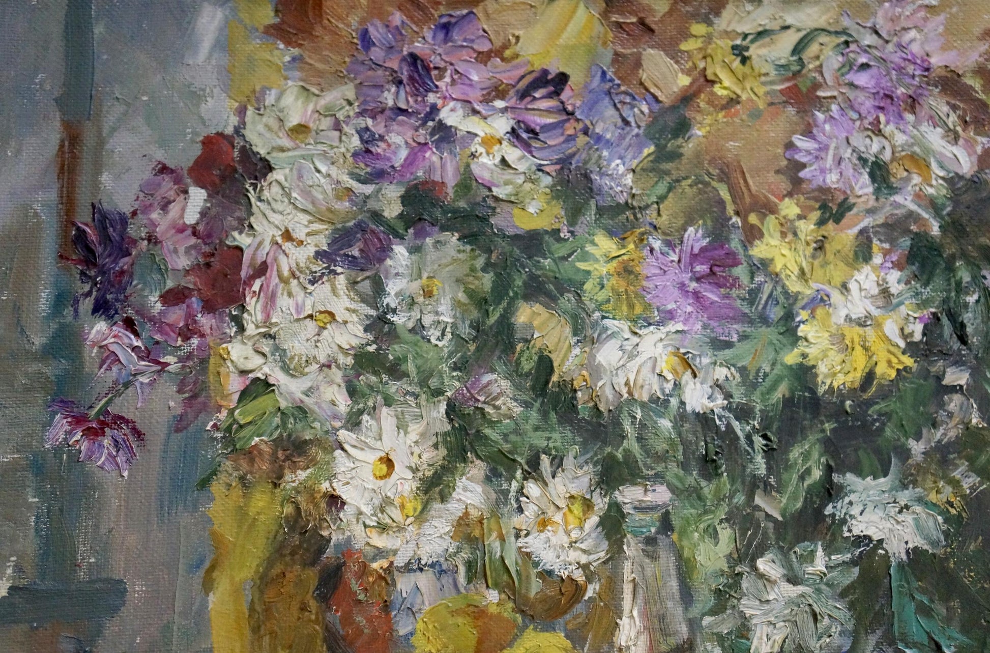 Vibrant impressionist oil painting Anniversary Still Life I by Olishevich with daisies