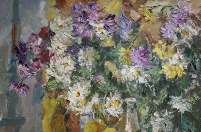Vibrant impressionist oil painting Anniversary Still Life I by Olishevich with daisies