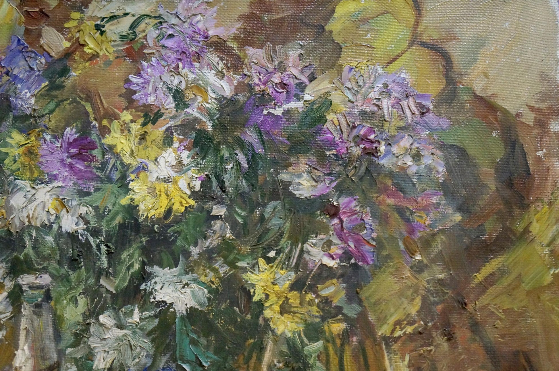 Vibrant oil painting Anniversary Still Life I by Olishevich with purple, yellow and white flowers