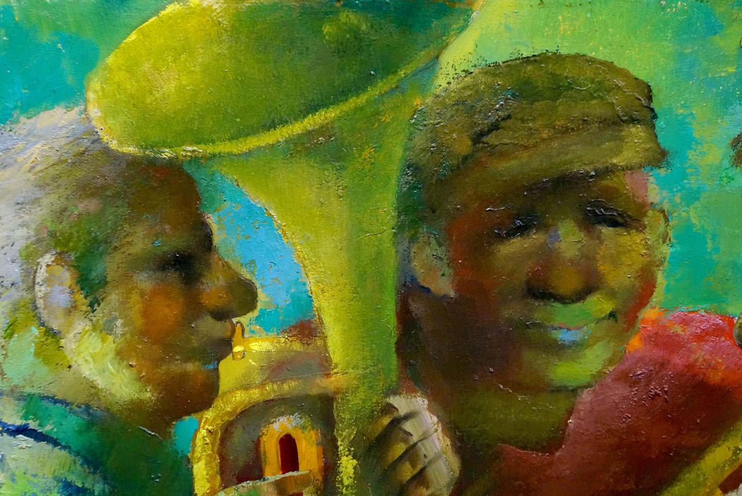 Vibrant impressionist oil painting by Anatoly Prokofievich Solomyanny, smiling musicians in greens and yellows