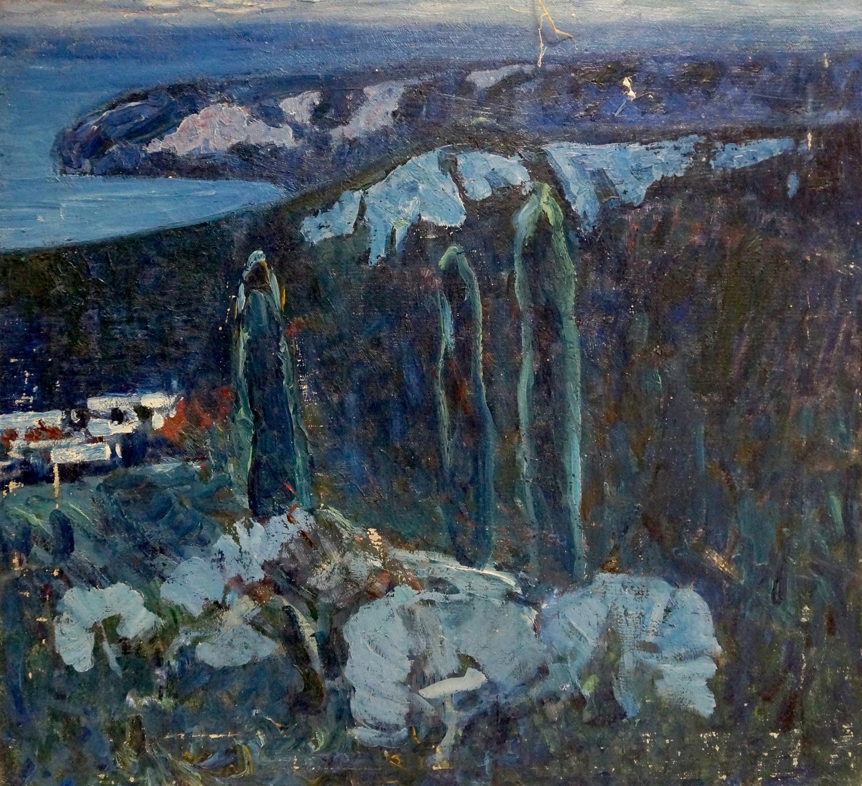 Dark textured oil painting of stormy coastal cliffs by Tolochko Victor Ivanovich
