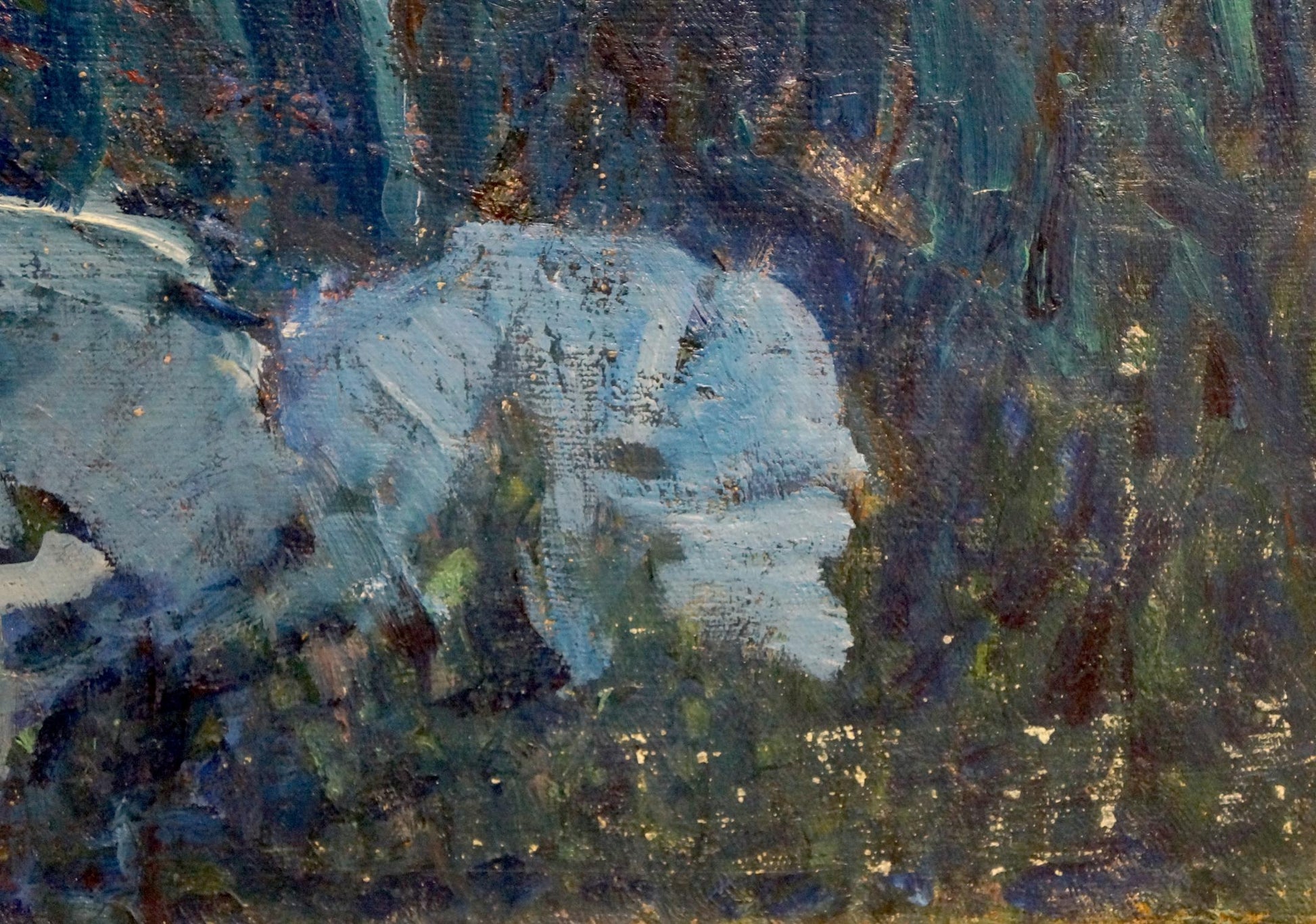 Textured light blue rock formation in Tolochko Victor Ivanovich Night city oil painting