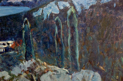 Oil painting by Tolochko Victor Ivanovich: solitary robed figure before snow-capped mountains