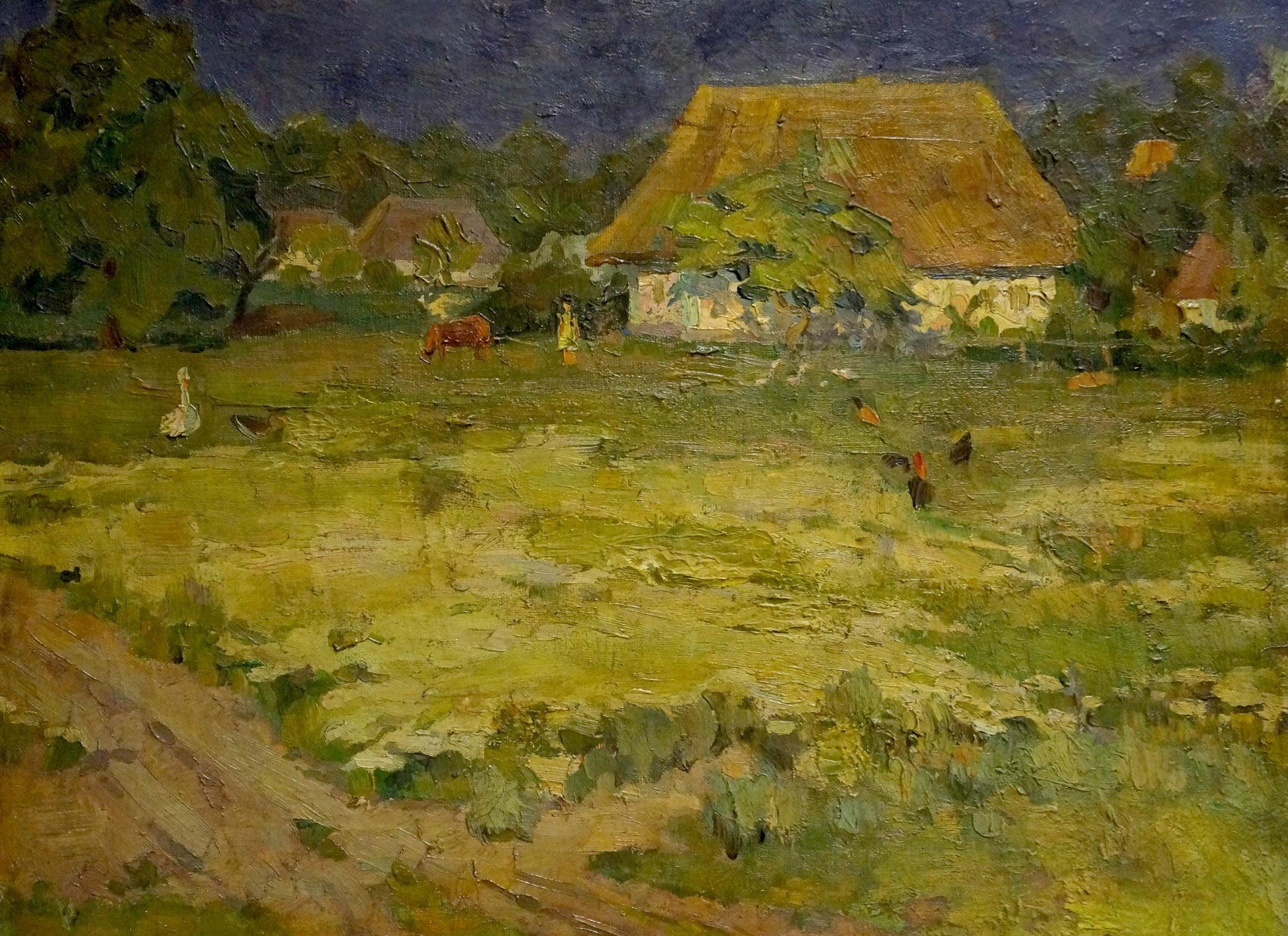 Oil painting of rustic thatched cottage in Village Mynka by Alexander Fedorovich