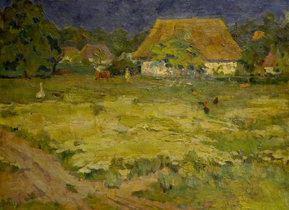 Oil painting of rustic thatched cottage in Village Mynka by Alexander Fedorovich