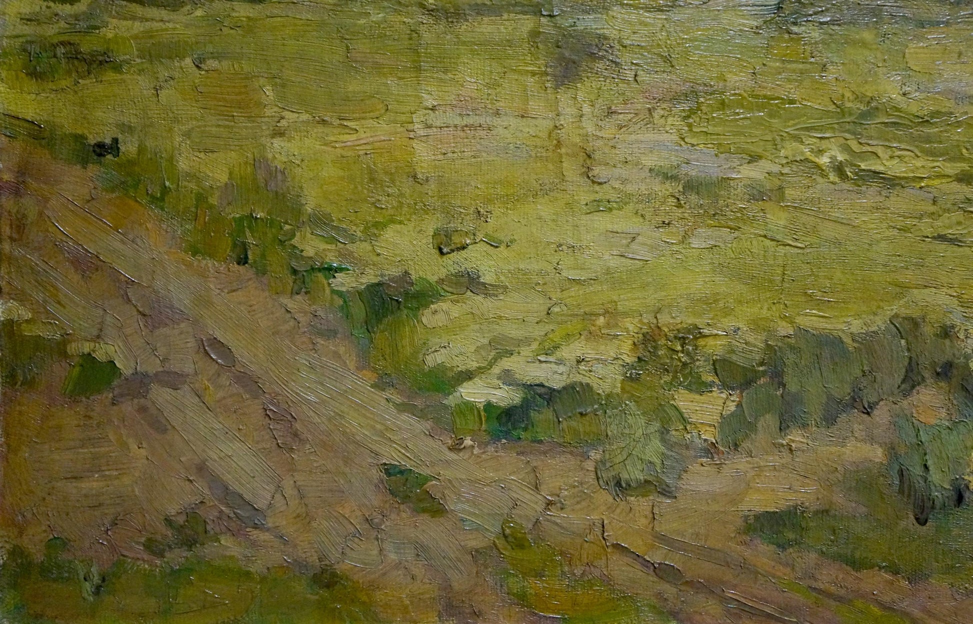 Oil painting Village Mynka by Alexander Fedorovich, textured sunlit landscape