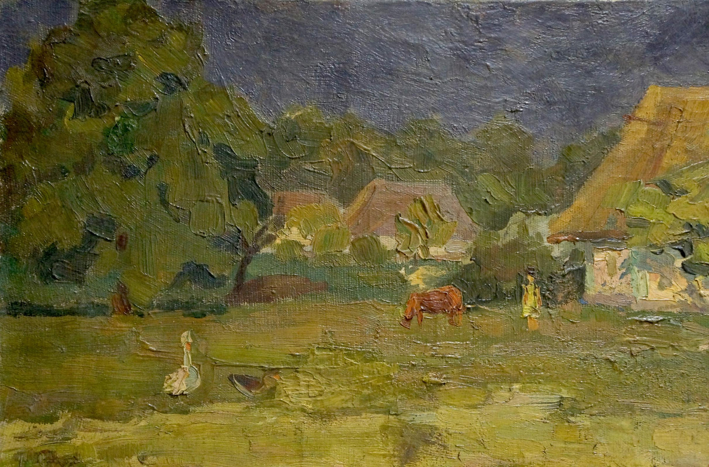 Oil painting Village Mynka by Alexander Fedorovich, impressionistic rural scene