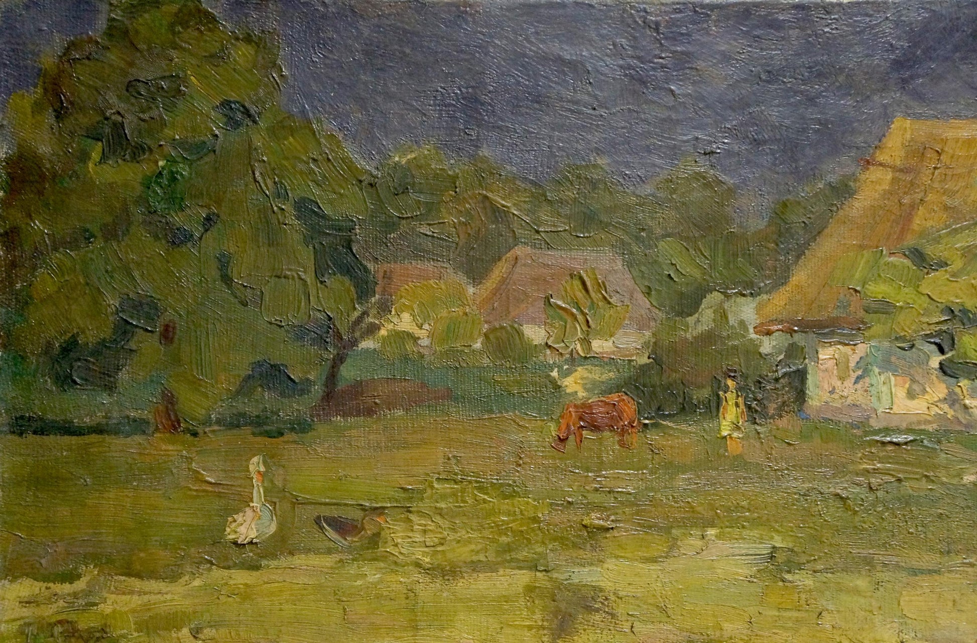 Oil painting Village Mynka by Alexander Fedorovich, impressionistic rural scene