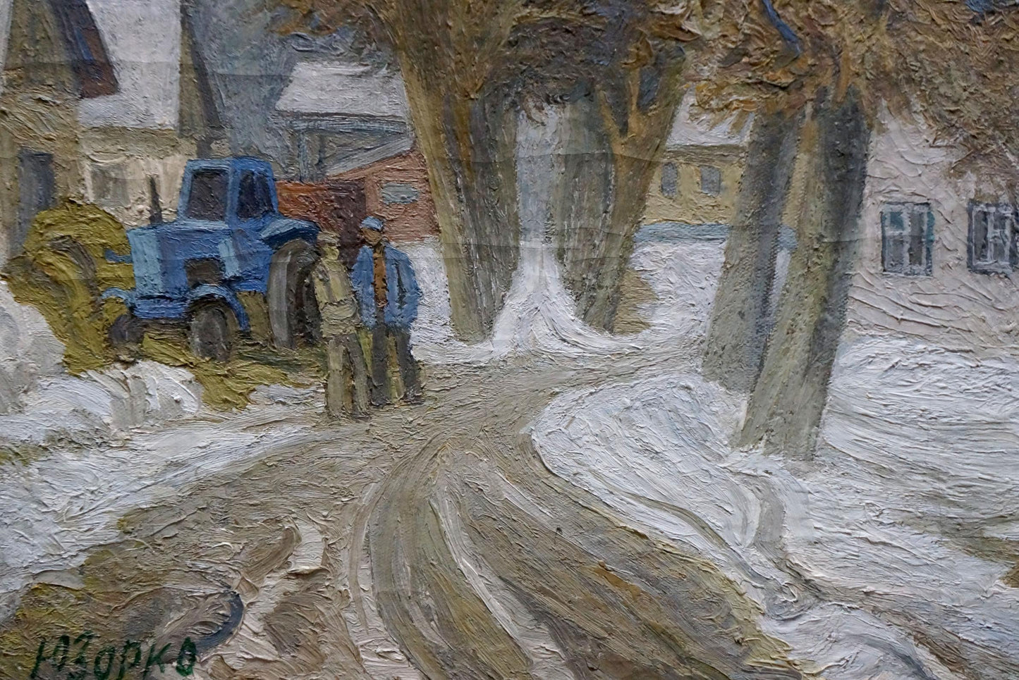 Oil painting by Zorko Yuri Valentinovich: blue tractor on snowy road with figures
