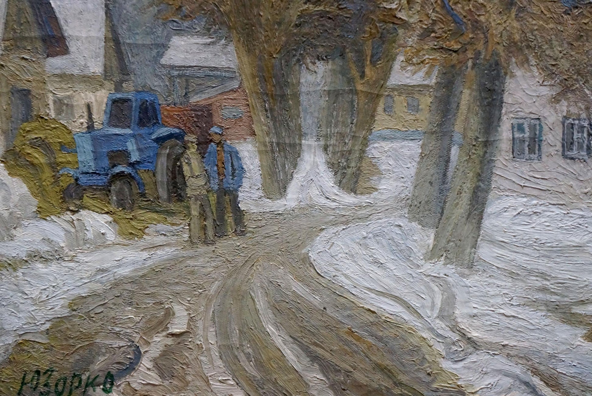 Oil painting by Zorko Yuri Valentinovich: blue tractor on snowy road with figures