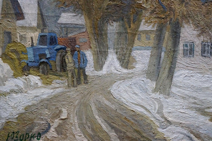 Oil painting by Zorko Yuri Valentinovich: blue tractor on snowy road with figures
