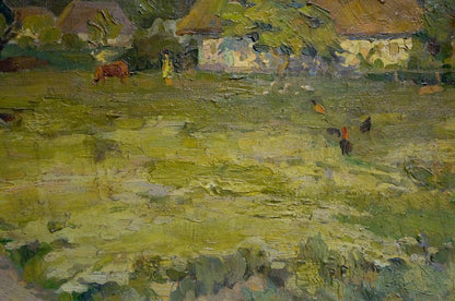 Oil painting Village Mynka by Alexander Fedorovich: brown cow grazing in green field