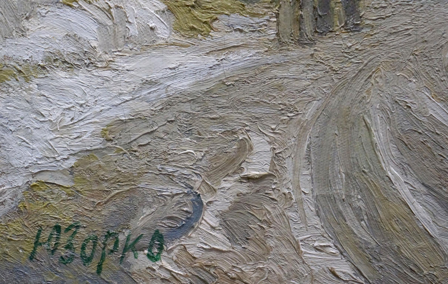 Winter landscape oil painting by Zorko Yuri Valentinovich, textured impasto grays and greens