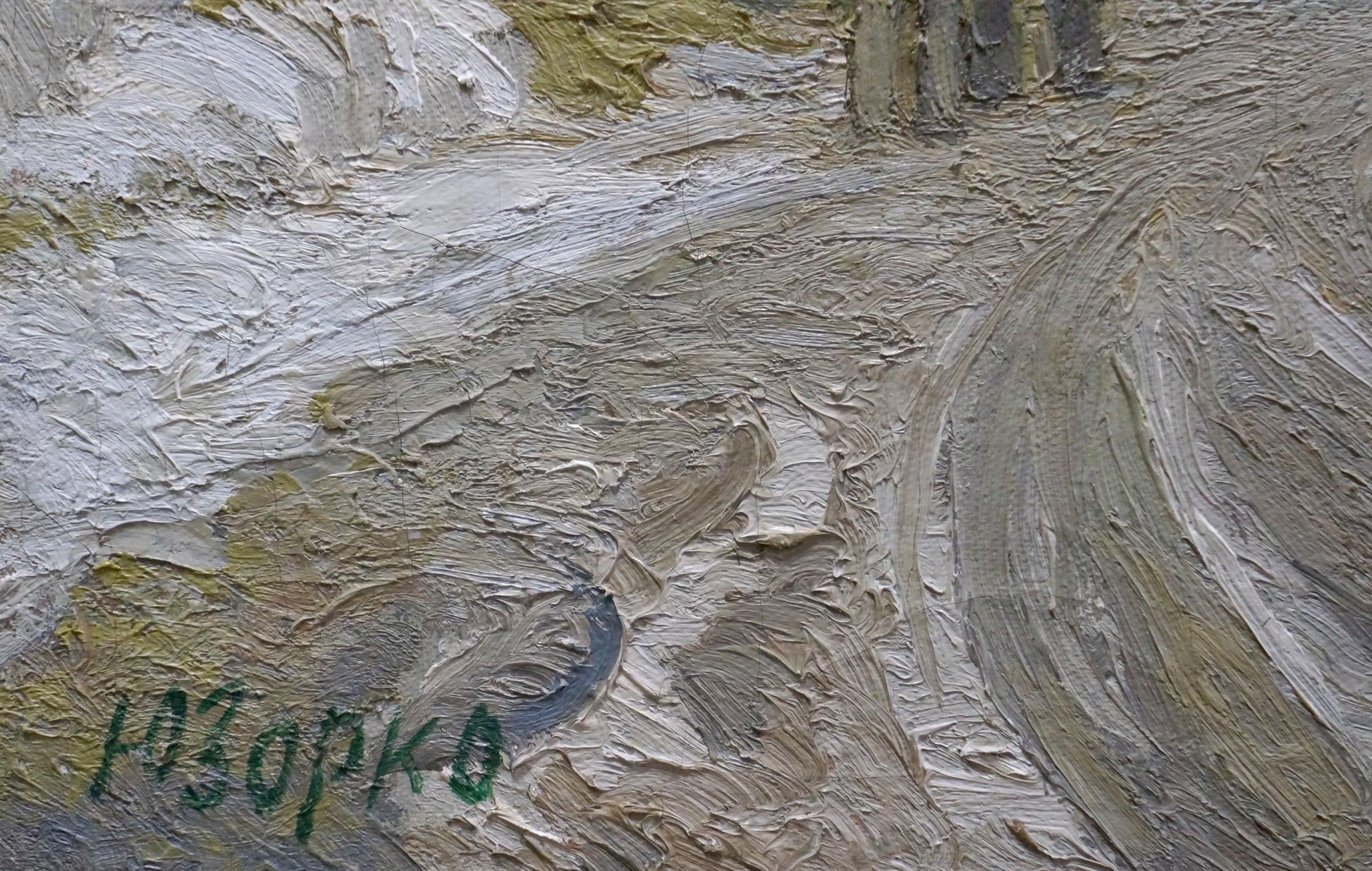 Winter landscape oil painting by Zorko Yuri Valentinovich, textured impasto grays and greens