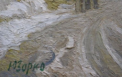 Winter landscape oil painting by Zorko Yuri Valentinovich, textured impasto grays and greens