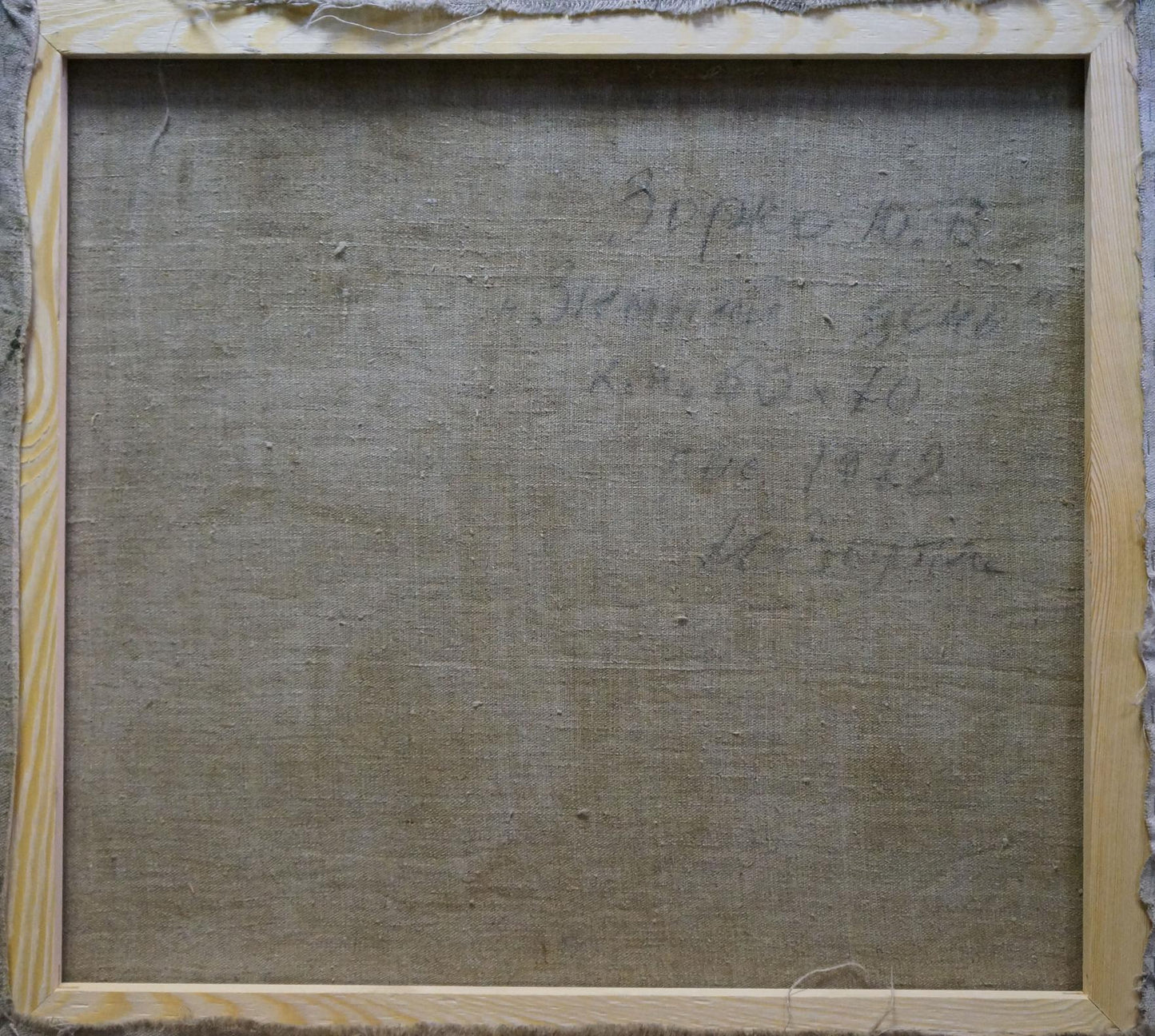 Back of oil painting Winter landscape by Zorko Yuri Valentinovich on weathered beige linen canvas
