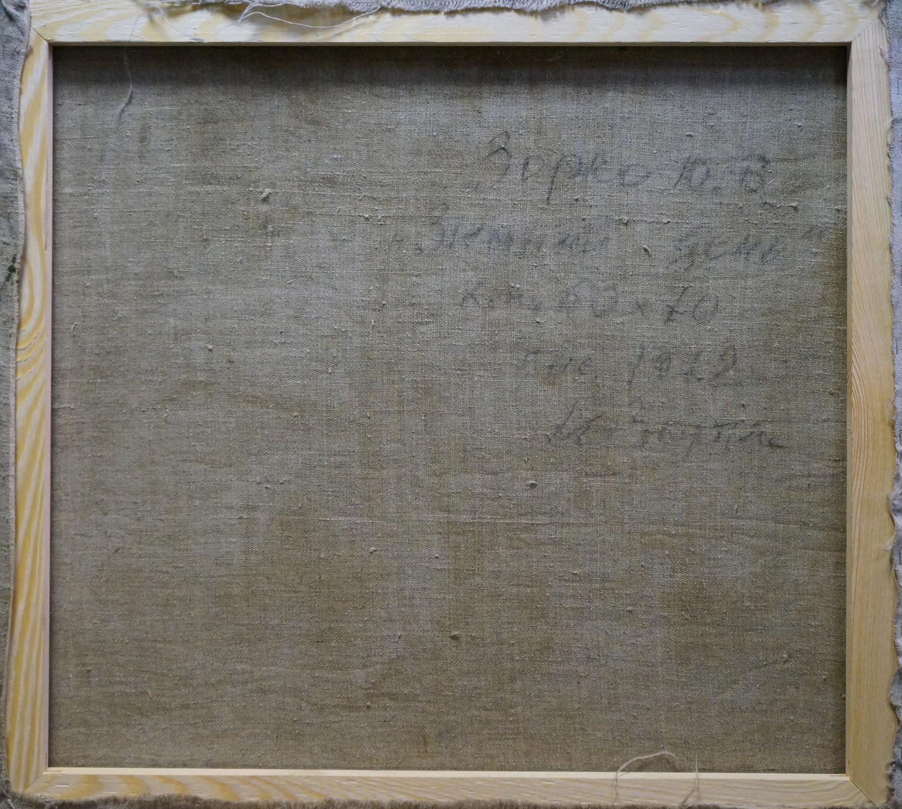 Back of oil painting Winter landscape by Zorko Yuri Valentinovich on weathered beige linen canvas