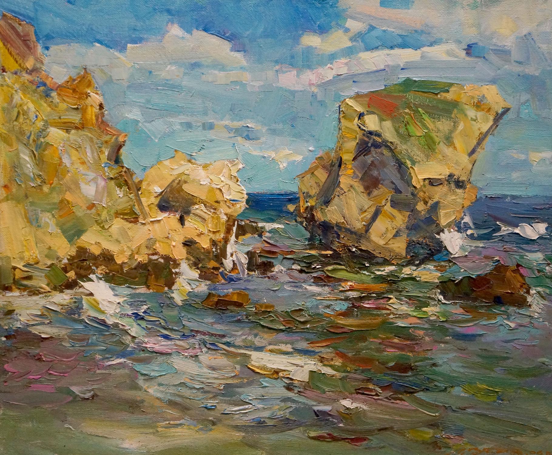 Vibrant impasto oil painting of rocky coast by Zaborovsky Leonid Alexandrovich