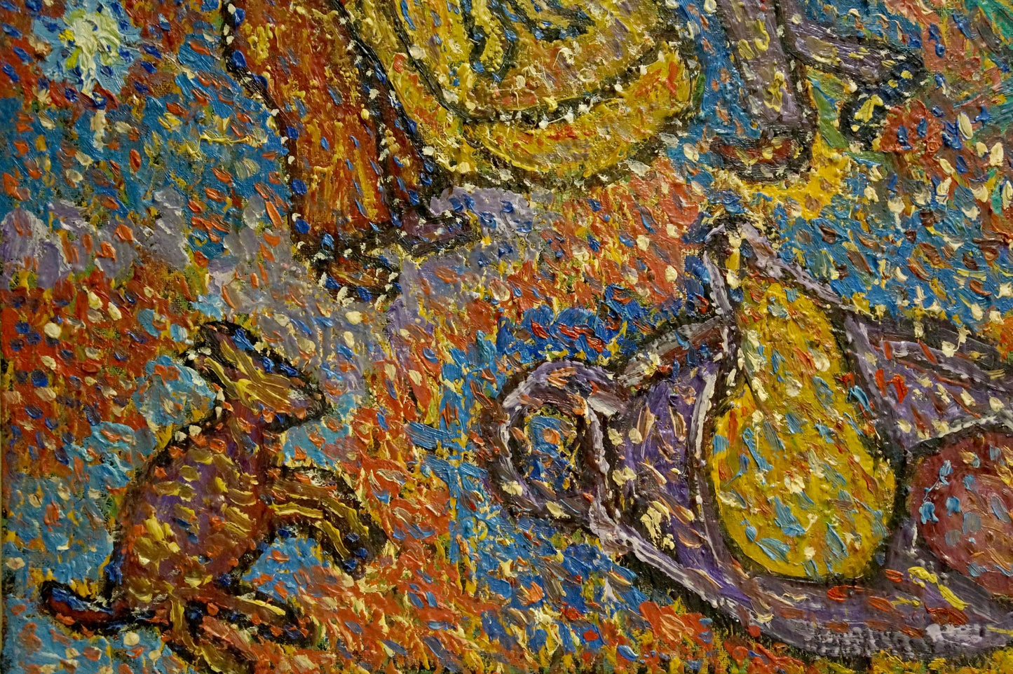 Abstract oil painting Sleepwalkers by Boyko Petr Borisovich: yellow pear in purple bowl