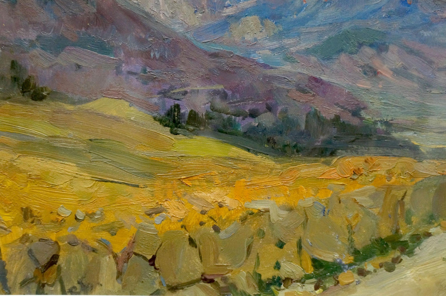 Vibrant impressionist oil painting by Babentsov Victor Vladimirovich of golden fields and purple mountains