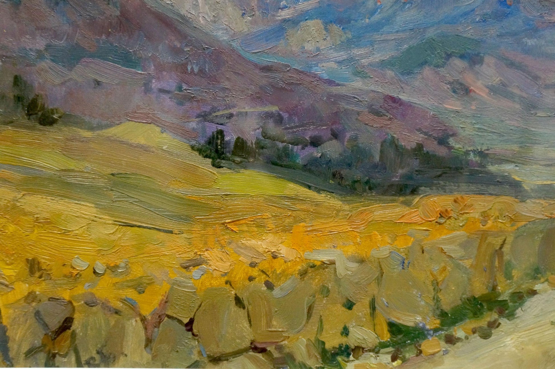 Vibrant impressionist oil painting by Babentsov Victor Vladimirovich of golden fields and purple mountains