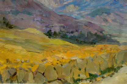 Vibrant impressionist oil painting by Babentsov Victor Vladimirovich of golden fields and purple mountains