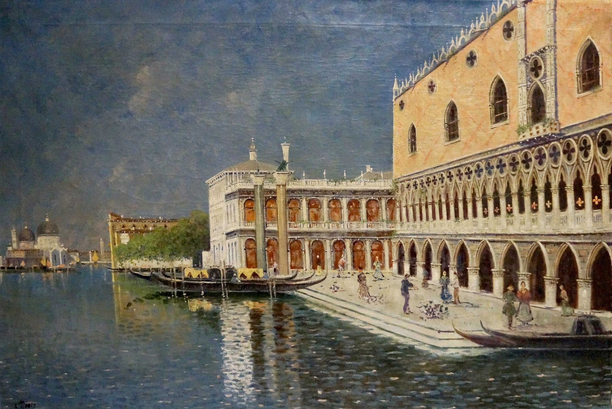 Oil painting of grand gothic Venice building with ornate arches